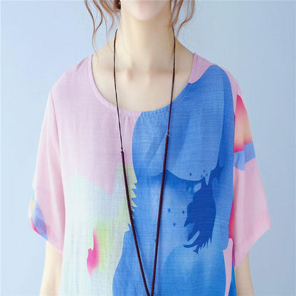 Splitting Women Summer Printing Loose Casual Linen Pink Dress