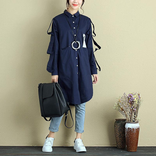 Women Polo Collar Single Breasted Long Sleeve Pockets Applique Dress