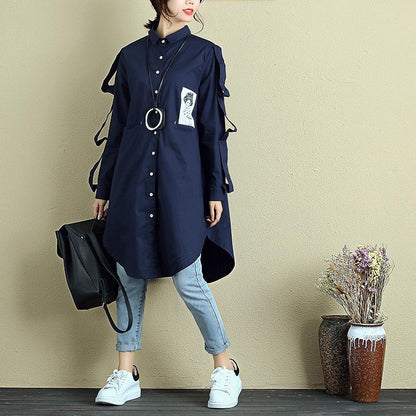 Women Polo Collar Single Breasted Long Sleeve Shirt