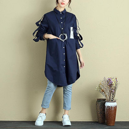 Women Polo Collar Single Breasted Long Sleeve Shirt