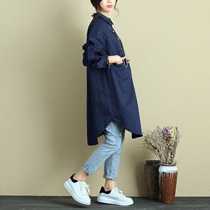 Women Polo Collar Single Breasted Long Sleeve Pockets Applique Dress