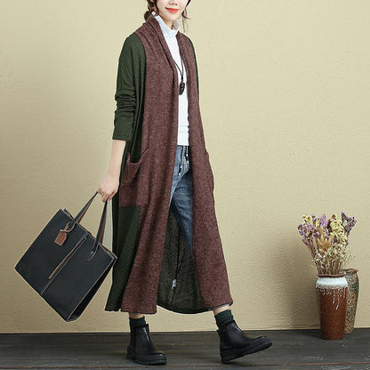 Loose Splicing Shoulder Sleeve Long Knitted Coat For Women