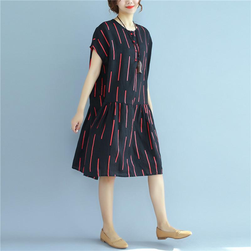 Women Vintage Casual Printing Pleated Black Shirt