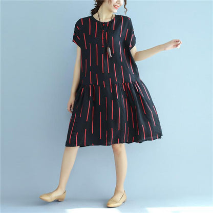 Women Vintage Casual Printing Pleated Black Shirt