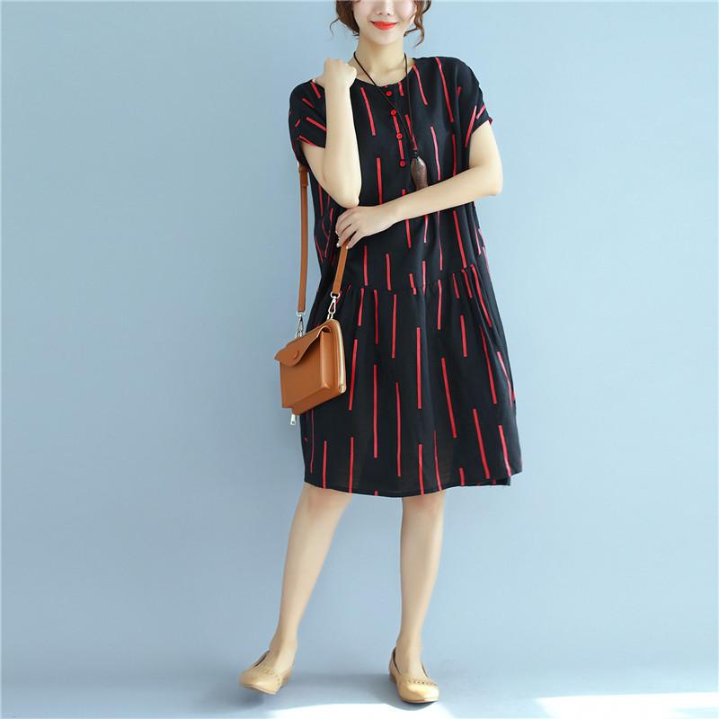 Women Vintage Casual Printing Pleated Black Shirt