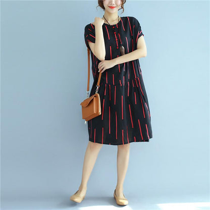Women Vintage Casual Printing Pleated Black Shirt