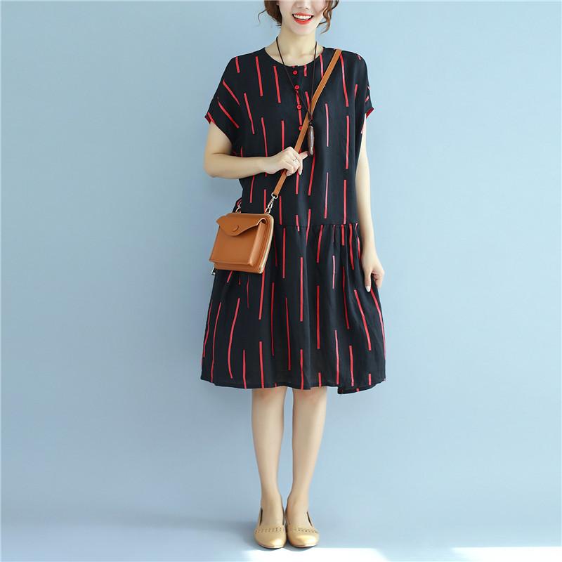 Women Vintage Casual Printing Pleated Black Shirt