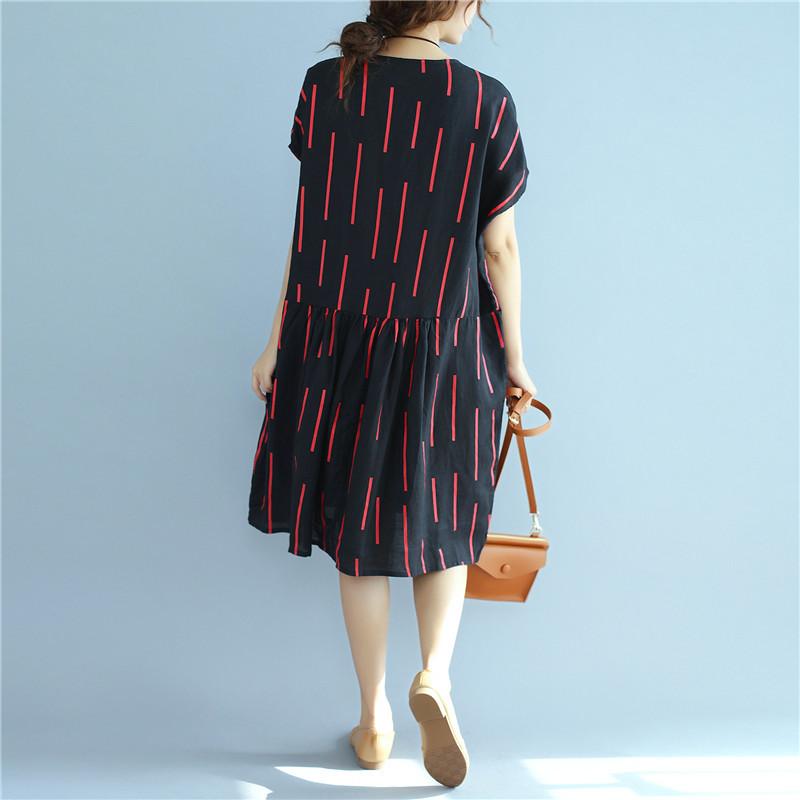 Women Vintage Casual Printing Pleated Black Shirt