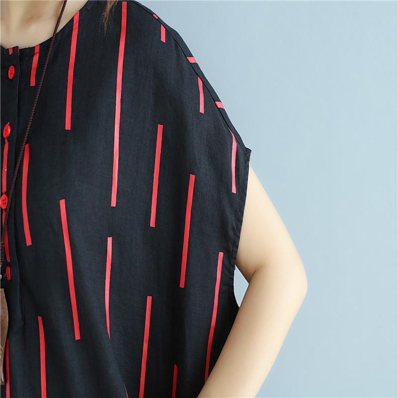 Women Vintage Casual Printing Pleated Black Shirt
