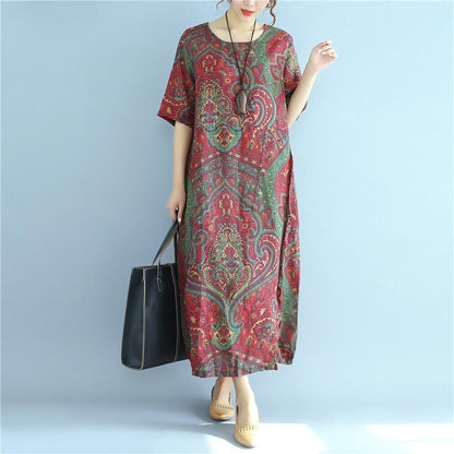Linen Summer Loose Women Retro Printing Splicing Irregular Red Dress