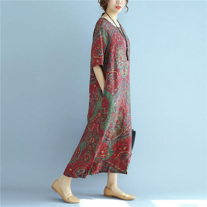 Linen Summer Loose Women Retro Printing Splicing Irregular Red Dress