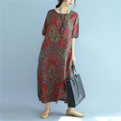 Linen Summer Loose Women Retro Printing Splicing Irregular Red Dress