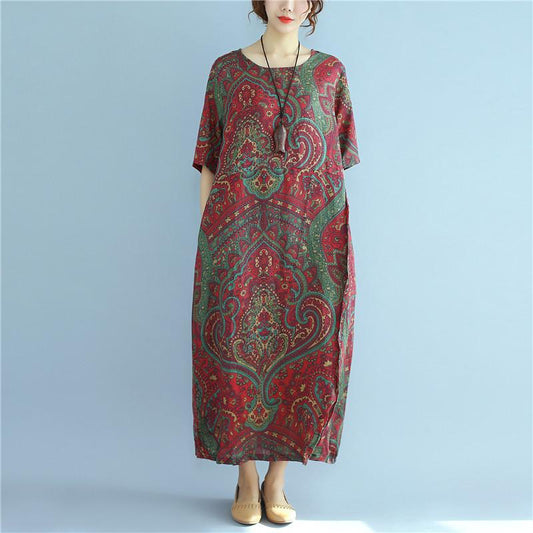 Linen Summer Loose Women Retro Printing Splicing Irregular Red Dress