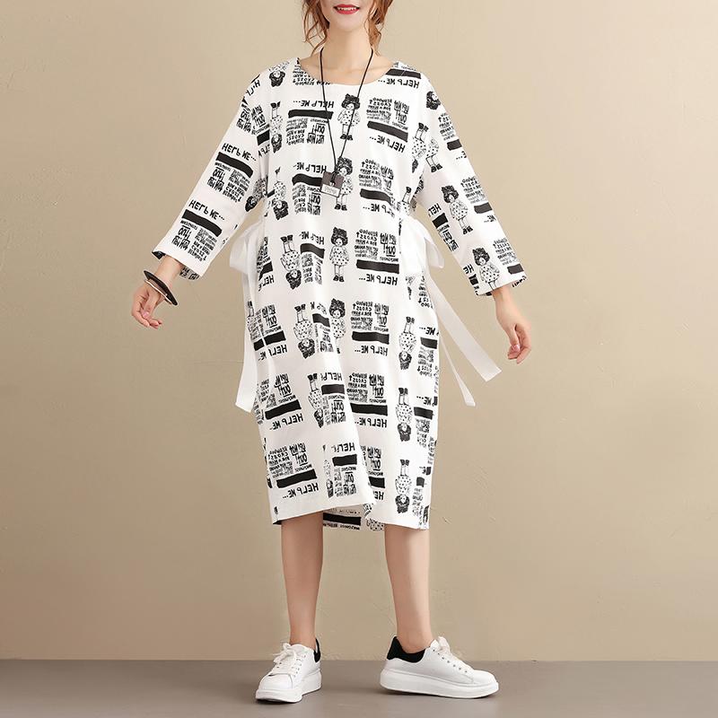 Stylish Exotic Printing Women Cotton Long Sleeves White Dress