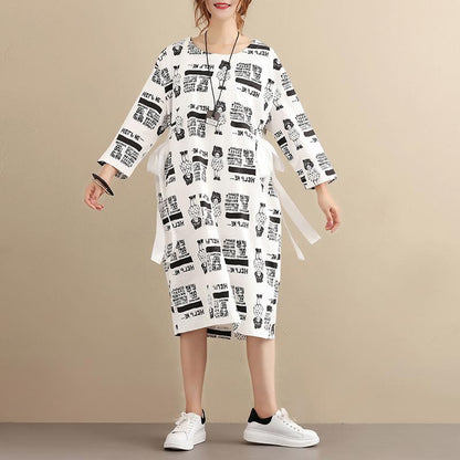 Stylish Exotic Printing Women Cotton Long Sleeves White Dress