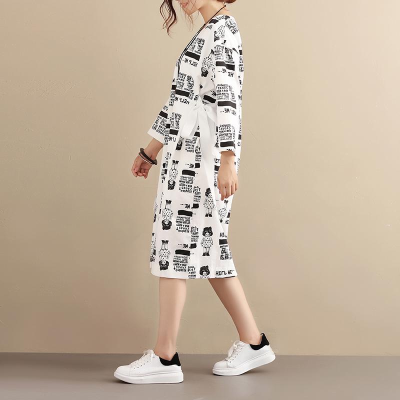 Stylish Exotic Printing Women Cotton Long Sleeves White Dress