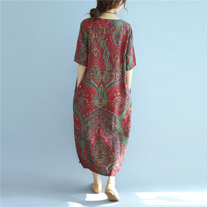 Linen Summer Loose Women Retro Printing Splicing Irregular Red Dress