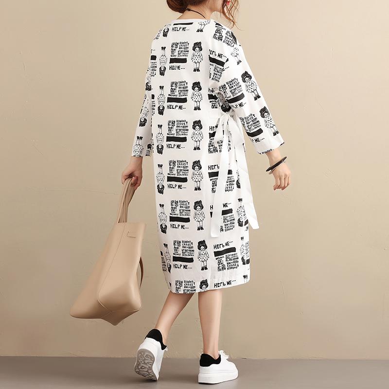 Stylish Exotic Printing Women Cotton Long Sleeves White Dress