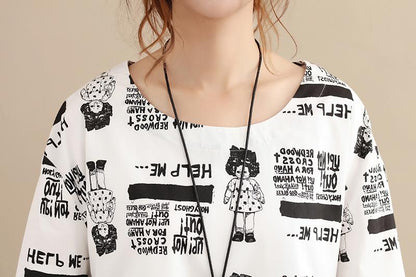 Stylish Exotic Printing Women Cotton Long Sleeves White Dress