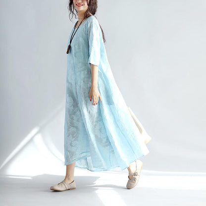 Women Spring Round Neck Embroidered Loose Blue Dress