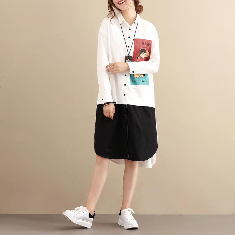 Exotic Women Splicing Printing Cotton Long Sleeves White Shirts