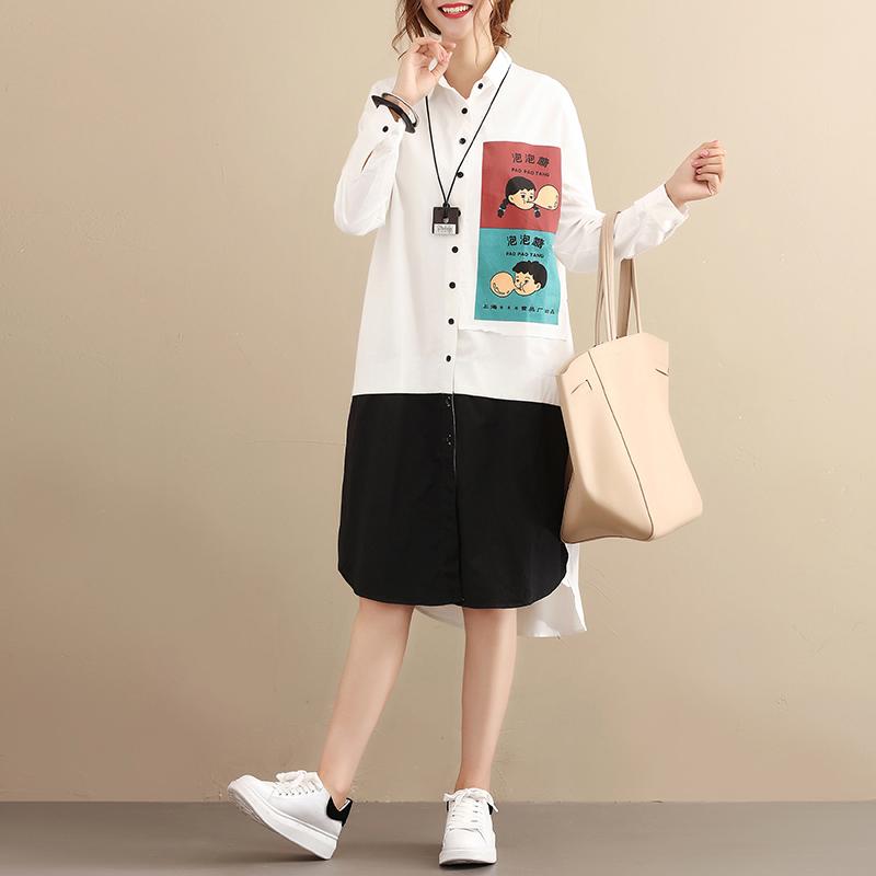 Exotic Women Splicing Printing Cotton Long Sleeves White Shirts