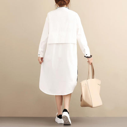 Women Printed Cotton Long Sleeve White Shirt Dress