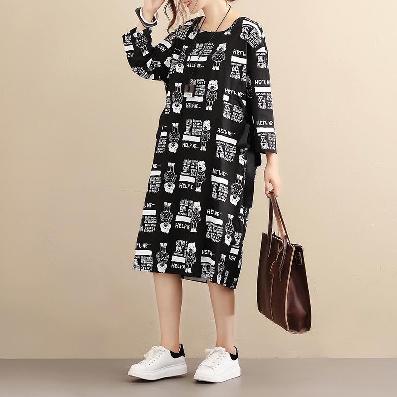 Stylish Exotic Printing Women Cotton Long Sleeves Black Dress