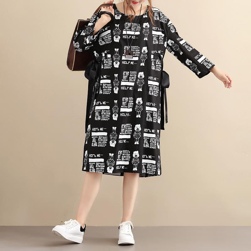 Stylish Exotic Printing Women Cotton Long Sleeves Black Dress