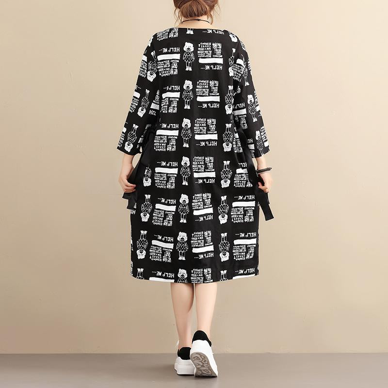 Stylish Exotic Printing Women Cotton Long Sleeves Black Dress