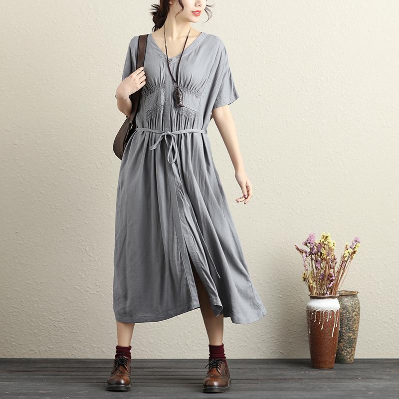 Women Fashionable Pleated Waist Strap Cotton Linen Short Sleeves Gray Dress