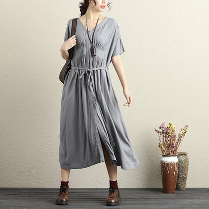Women Fashionable Pleated Waist Strap Cotton Linen Short Sleeves Gray Dress