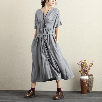 Women Fashionable Pleated Waist Strap Cotton Linen Short Sleeves Gray Dress