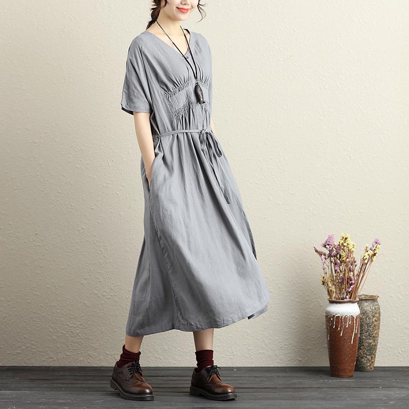 Women Fashionable Pleated Waist Strap Cotton Linen Short Sleeves Gray Dress