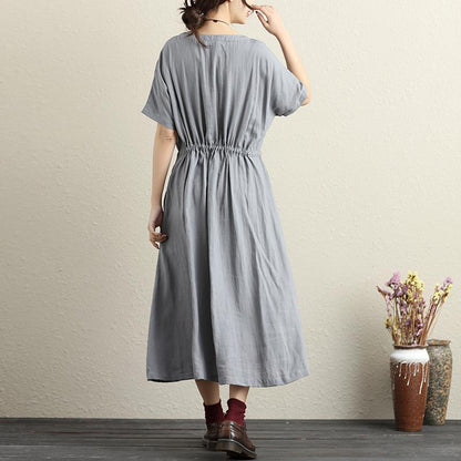 Women Fashionable Pleated Waist Strap Cotton Linen Short Sleeves Gray Dress