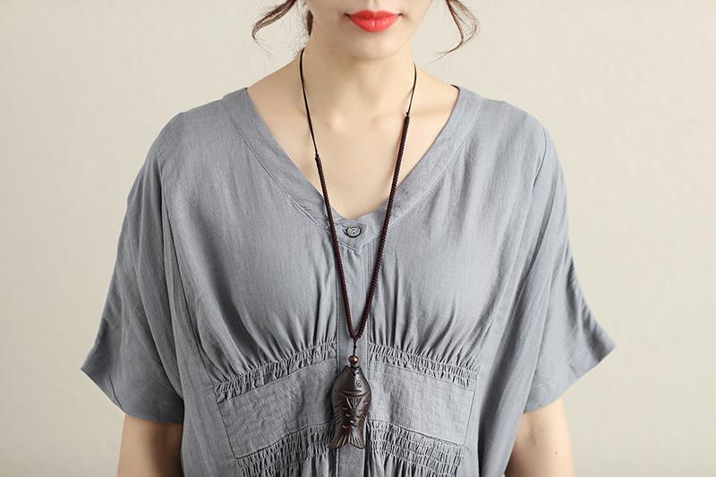 Women Fashionable Pleated Waist Strap Cotton Linen Short Sleeves Gray Dress