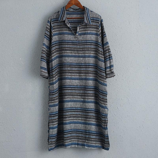 Polo Neck Three Quarter Sleeves Stripe Dress