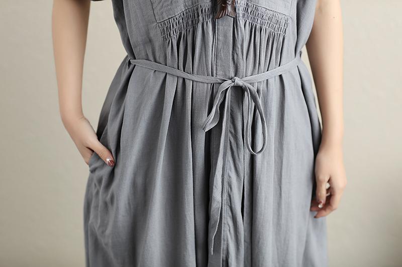 Women Fashionable Pleated Waist Strap Cotton Linen Short Sleeves Gray Dress