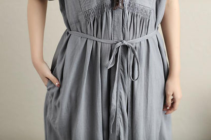 Women Fashionable Pleated Waist Strap Cotton Linen Short Sleeves Gray Dress
