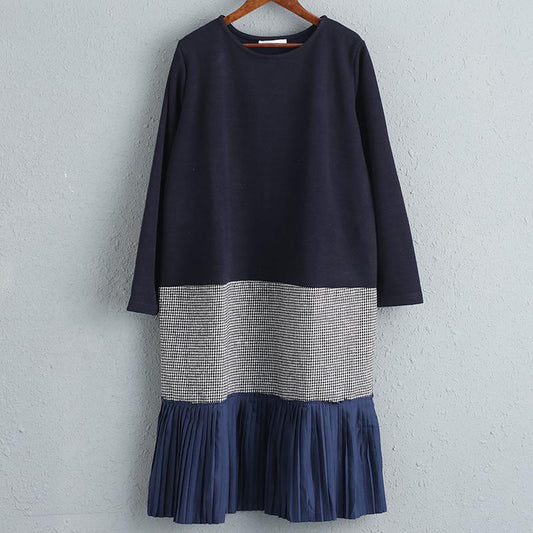 Dark Blue Women Splicing Lattice Pleated Dress