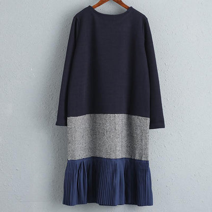 Dark Blue Women Splicing Lattice Pleated Dress