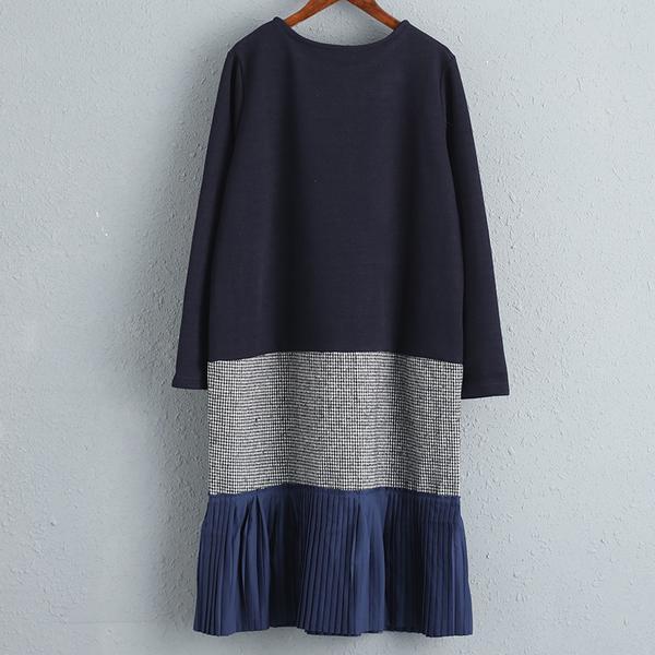 Spring Autumn Long Sleeve Round Neck Splicing Dress