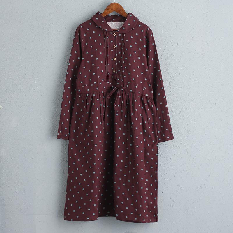 Women Red Cotton Long Sleeves Dot Dress with Drawstring