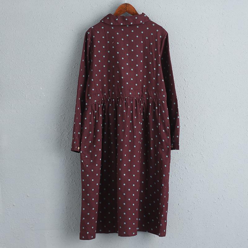 Women Red Cotton Long Sleeves Dot Dress with Drawstring