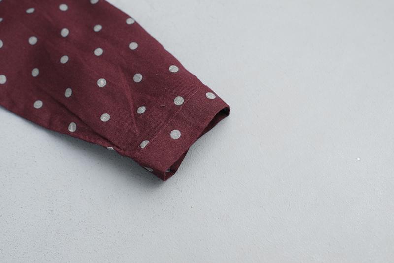 Women Red Cotton Long Sleeves Dot Dress with Drawstring