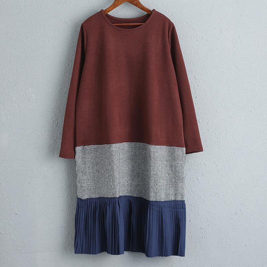 Casual Coffee Women Splicing Lattice Pleated Dress