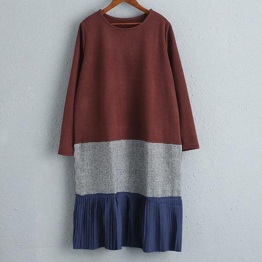 Spring Autumn Long Sleeve Round Neck Splicing Dress