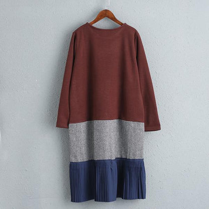 Spring Autumn Long Sleeve Round Neck Splicing Dress