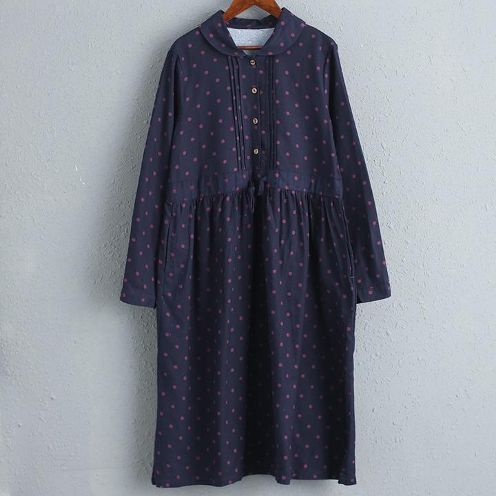 Women Red Cotton Long Sleeves Dot Dress with Drawstring