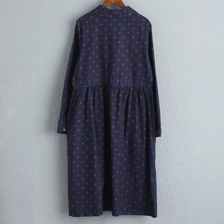Women Red Cotton Long Sleeves Dot Dress with Drawstring
